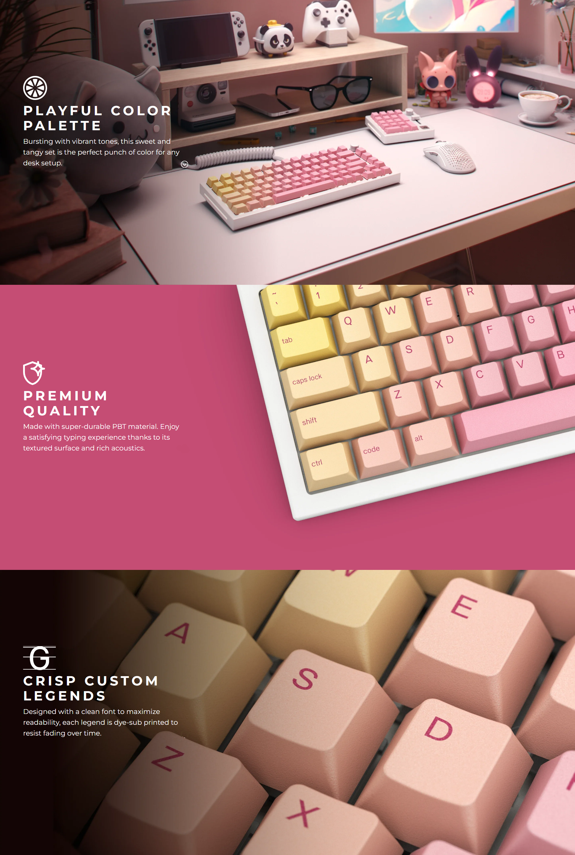 A large marketing image providing additional information about the product Glorious Dye-Sublimated PBT Keycaps - Pink Grapefruit - Additional alt info not provided